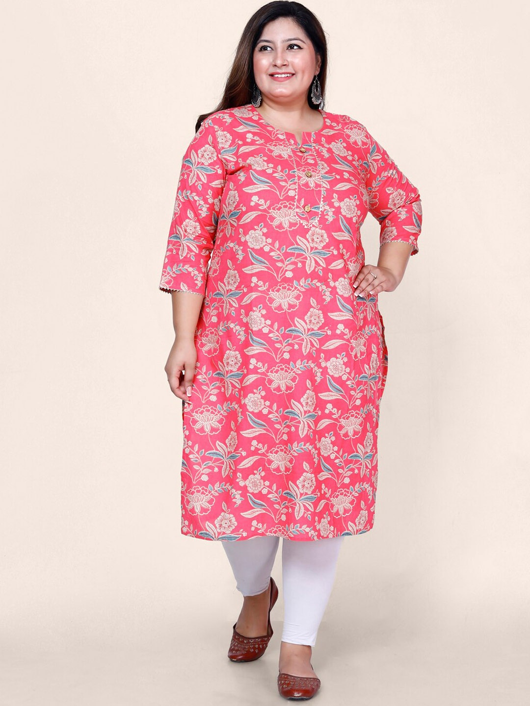 

Jevi Prints Plus Size Floral Printed Gotta Patti Block Print Cotton Kurta, Pink