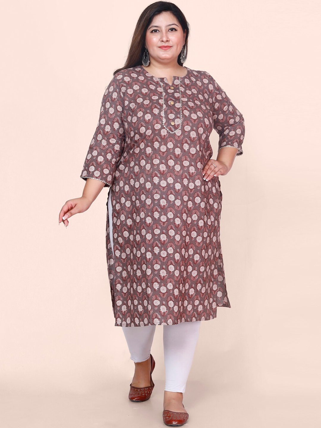 

Jevi Prints Plus Size Floral Printed Gotta Patti Block Print Cotton Kurta, Grey