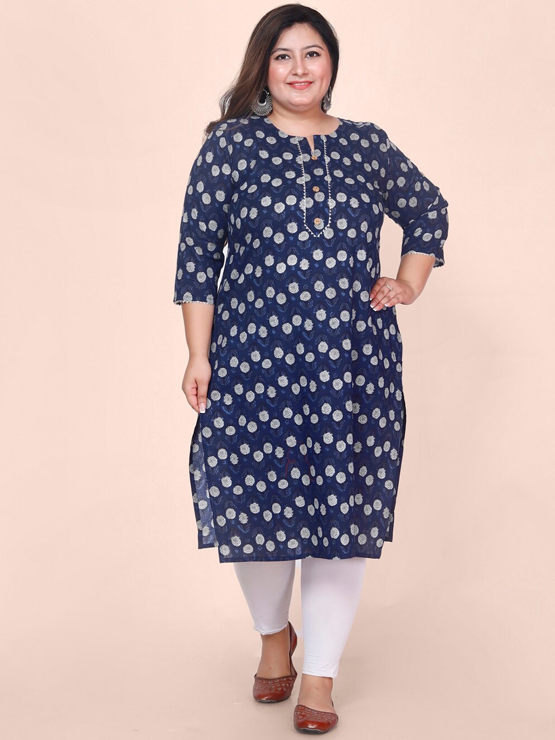 

Jevi Prints Plus Size Floral Printed Gotta Patti Block Print Cotton Kurta, Blue