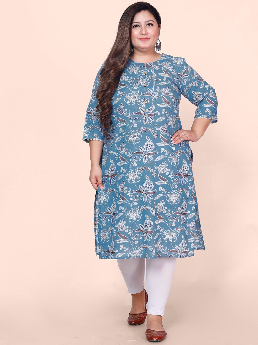 

Jevi Prints Plus Size Floral Printed Gotta Patti Pure Cotton Kurta, Grey