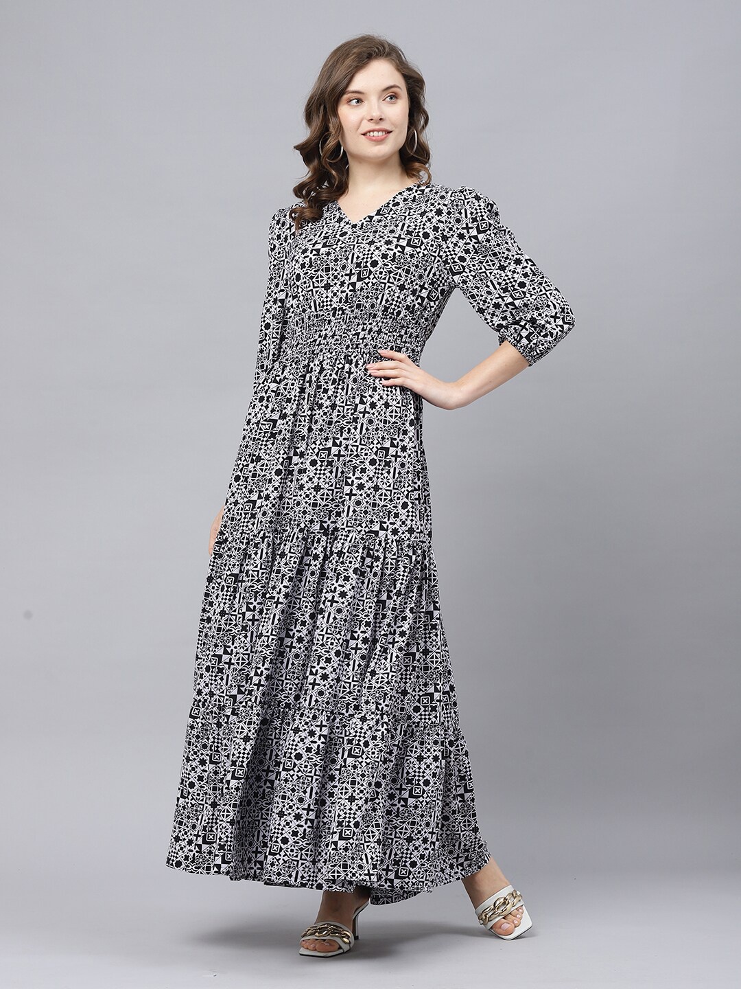 

DEEBACO Abstract Print Summer Cool V-Neck Maxi Dress, White
