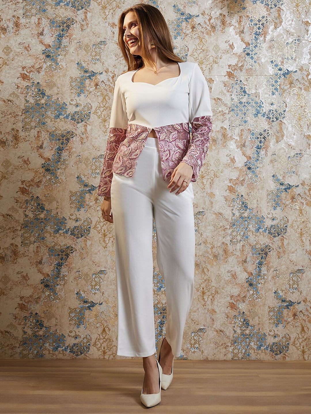 

Shally Bhasin by Athena White Self Designed Sweetheart Neck Top With Trousers Co-Ords