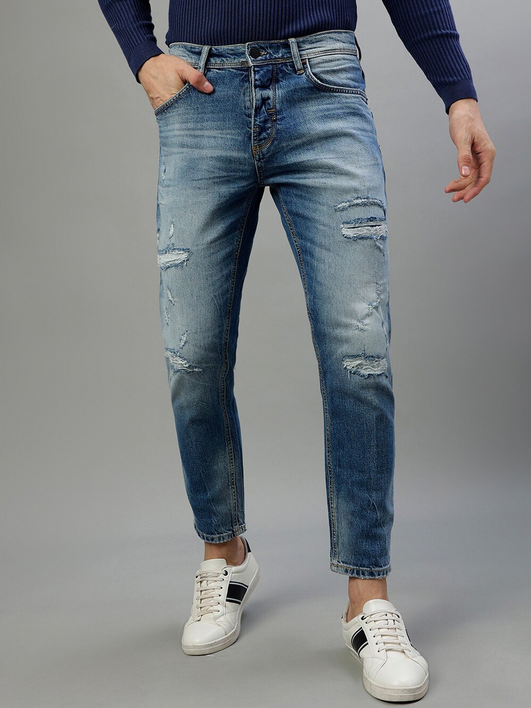 

Antony Morato Men Slim Fit Highly Distressed Mid-Rise Heavy Fade Stretchable Jeans, Blue