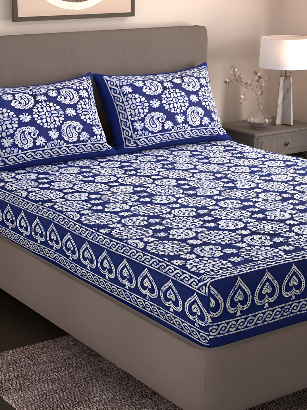 

Homez Sparrow Navy Blue Ethnic Motifs Pure Cotton 160 TC King Bedsheet & 2 Pillow Covers