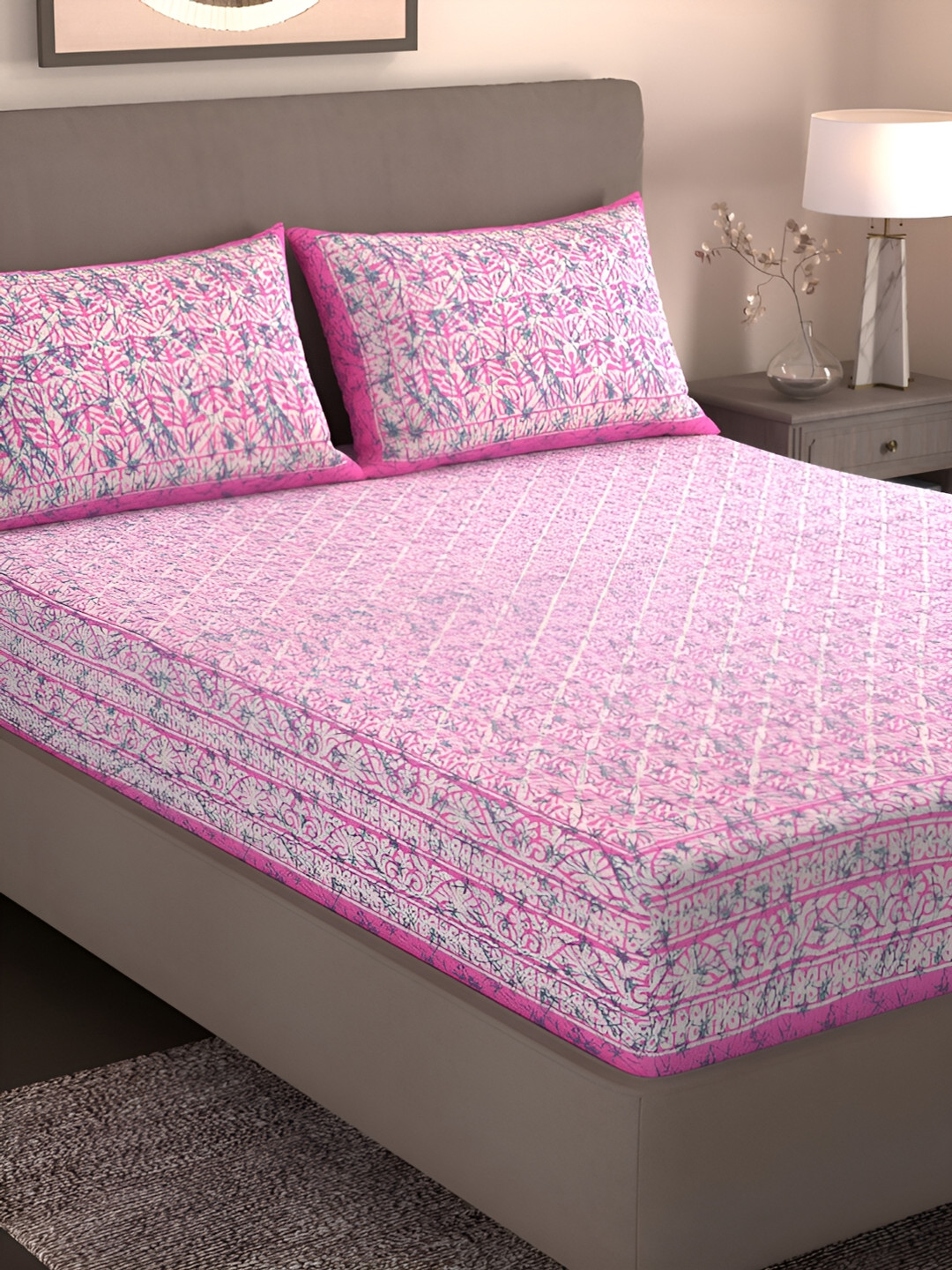 

Homez Sparrow Pink Ethnic Motifs Pure Cotton 160 TC King Bedsheet With 2 Pillow Covers