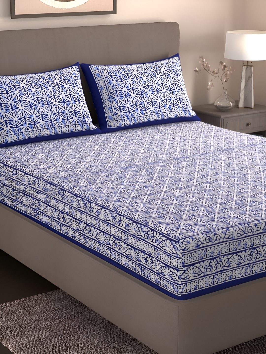 

Homez Sparrow Blue Ethnic Motifs Pure Cotton 160 TC King Bedsheet With 2 Pillow Covers