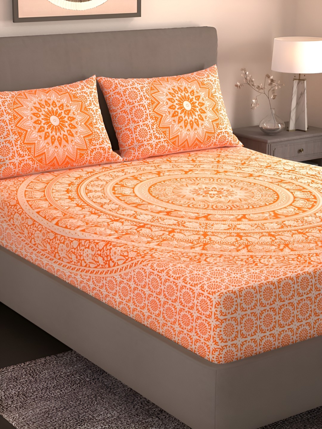 

Homez Sparrow All Seasons Orange Ethnic Motifs Cotton 160 TC King Bedsheet 2 Pillow Covers