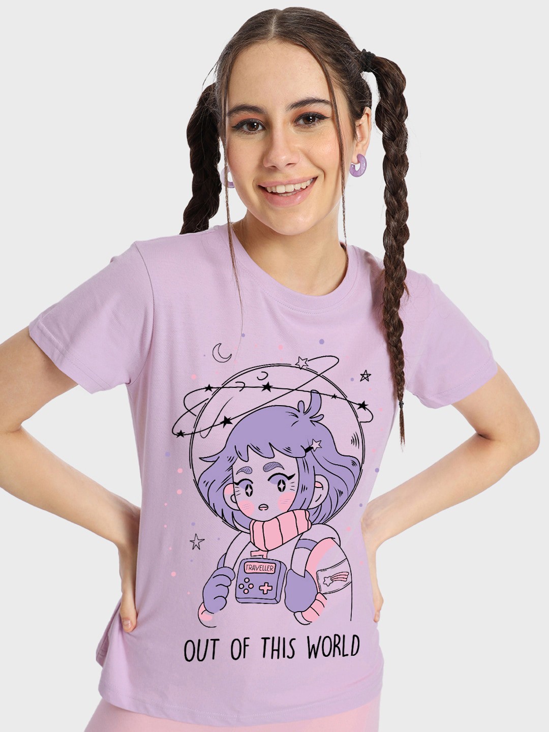 

Bewakoof Purple Out of This World Graphic Printed Cotton T-shirt
