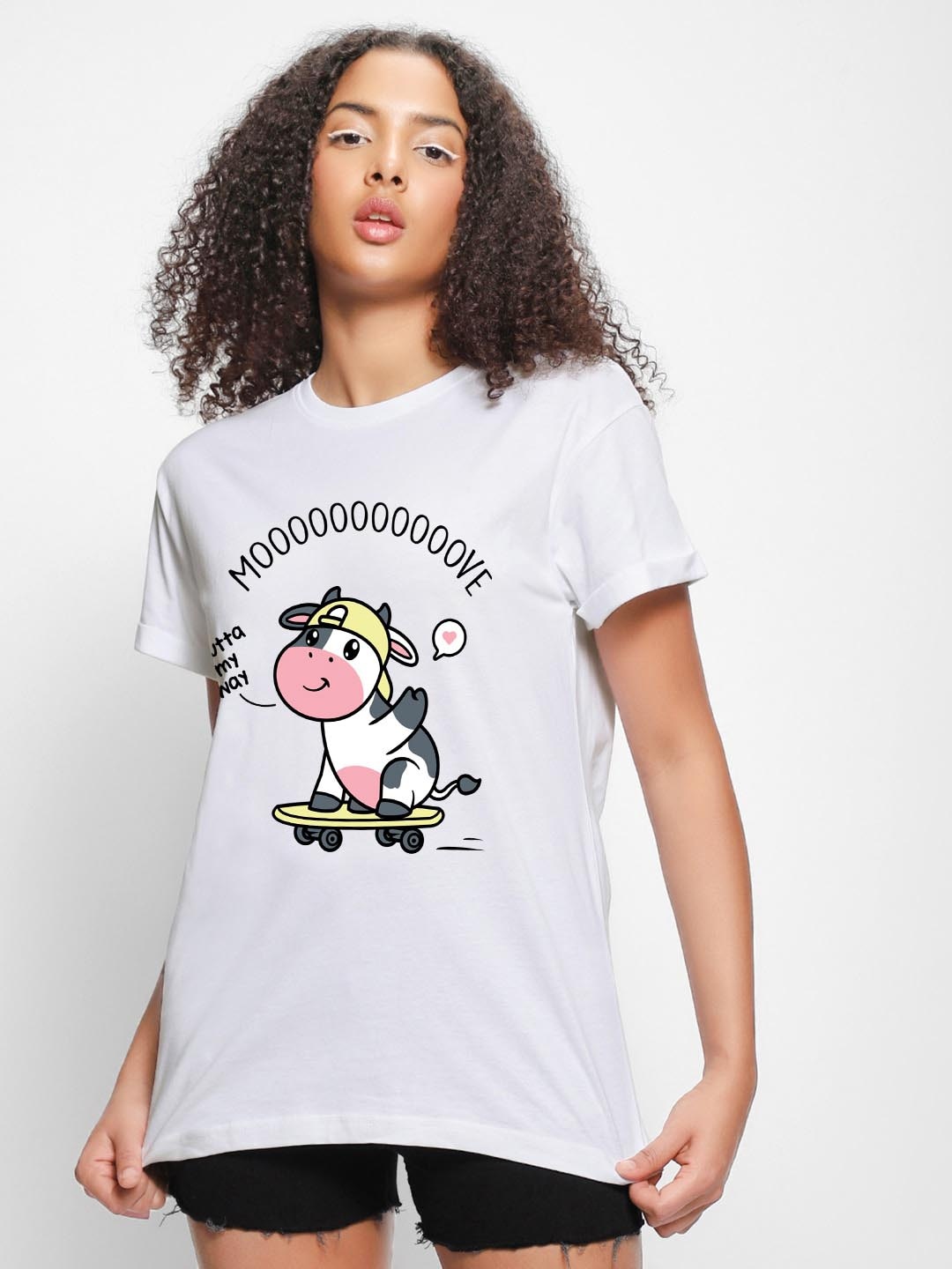 

Bewakoof Skater Moo Printed Drop-Shoulder Cotton Relaxed Fit T-shirt, White