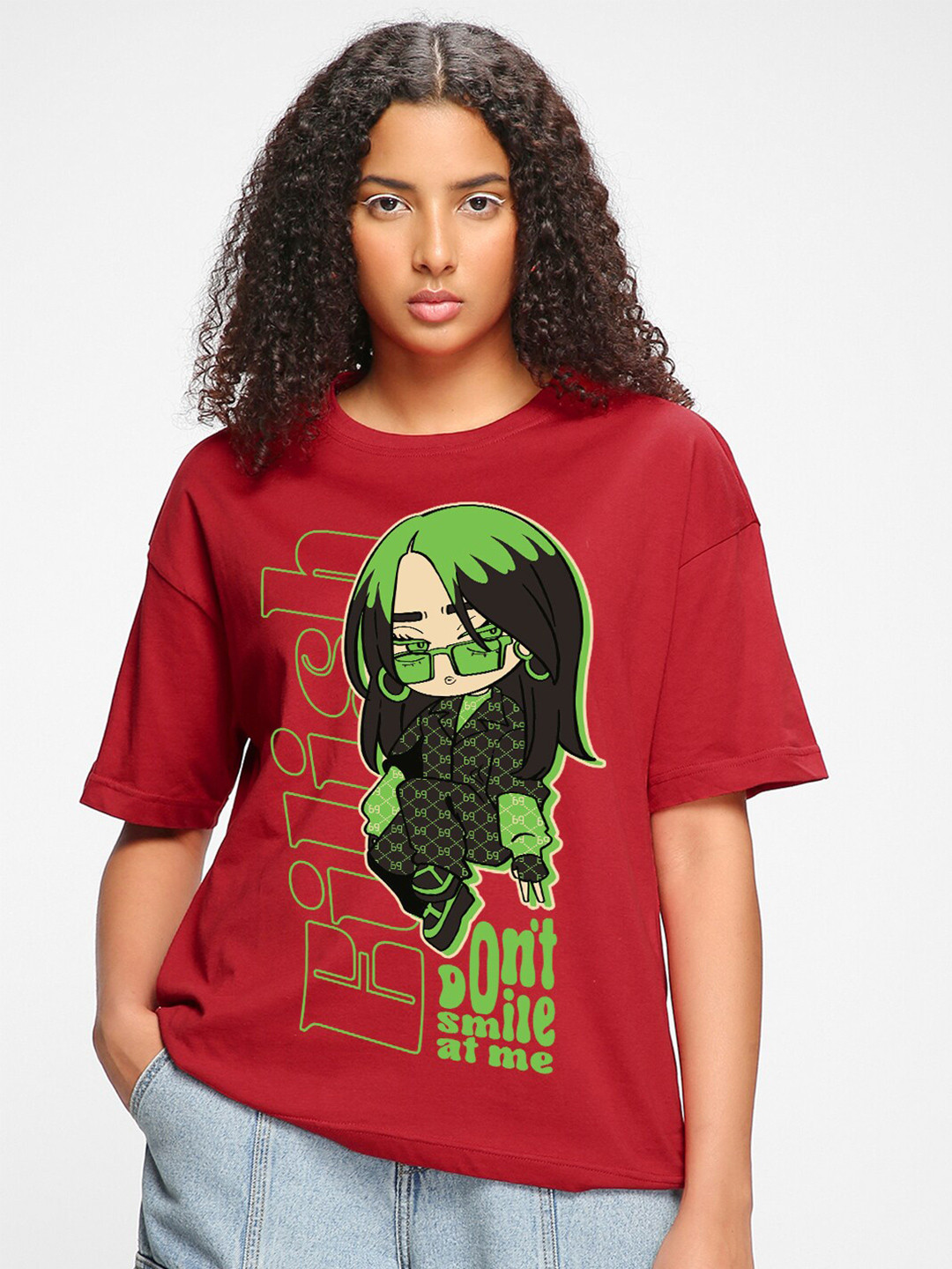 

Bewakoof Red Don't Smile Billie Graphic Printed Oversized Cotton T-shirt