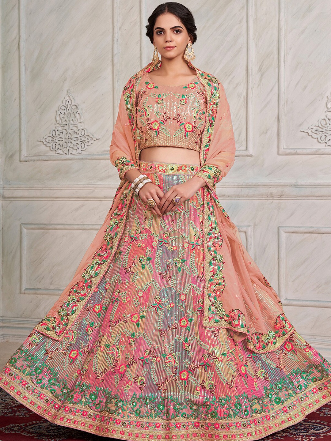 

ODETTE Embroidered Semi-Stitched Lehenga & Unstitched Blouse With Dupatta, Pink