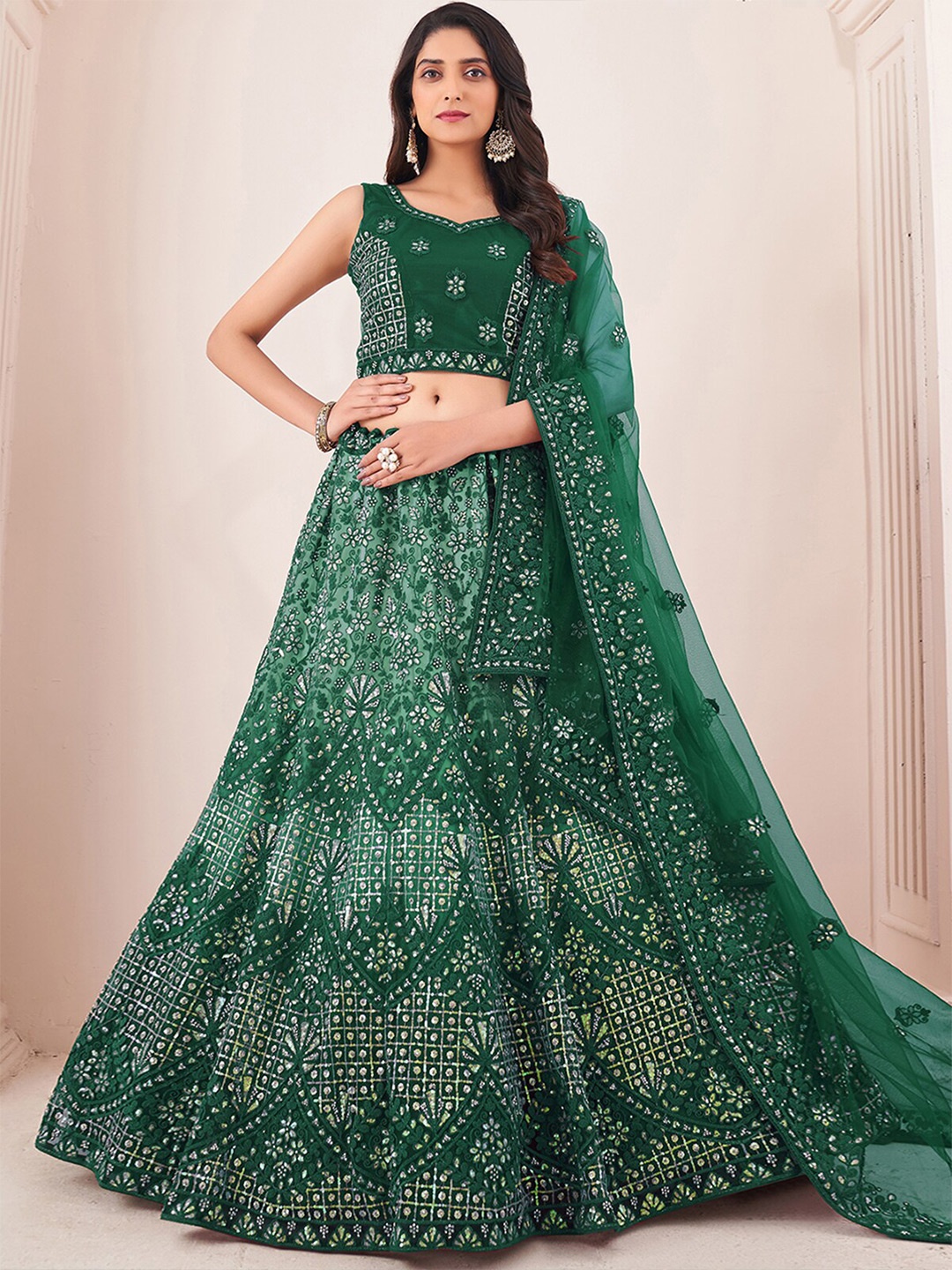 

ODETTE Embellished Semi-Stitched Lehenga & Unstitched Blouse With Dupatta, Green
