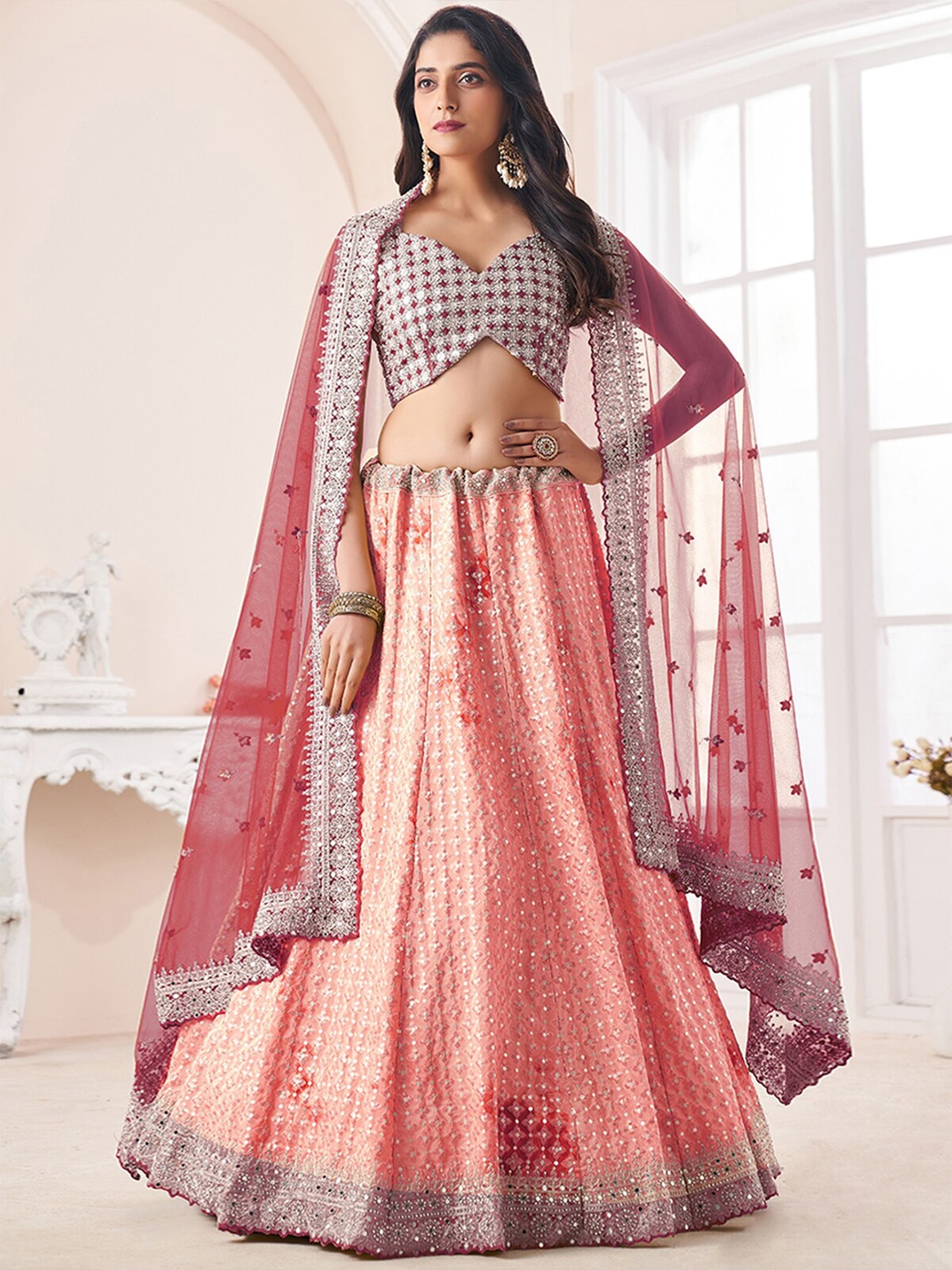 

ODETTE Embellished Semi-Stitched Lehenga & Unstitched Blouse With Dupatta, Peach
