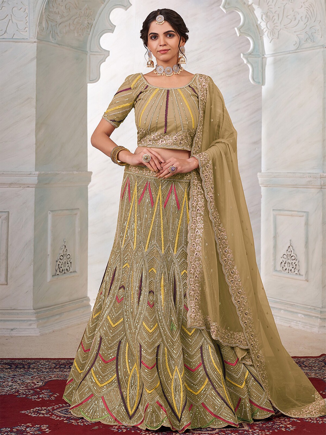 

ODETTE Embroidered Semi-Stitched Lehenga & Unstitched Blouse With Dupatta, Olive