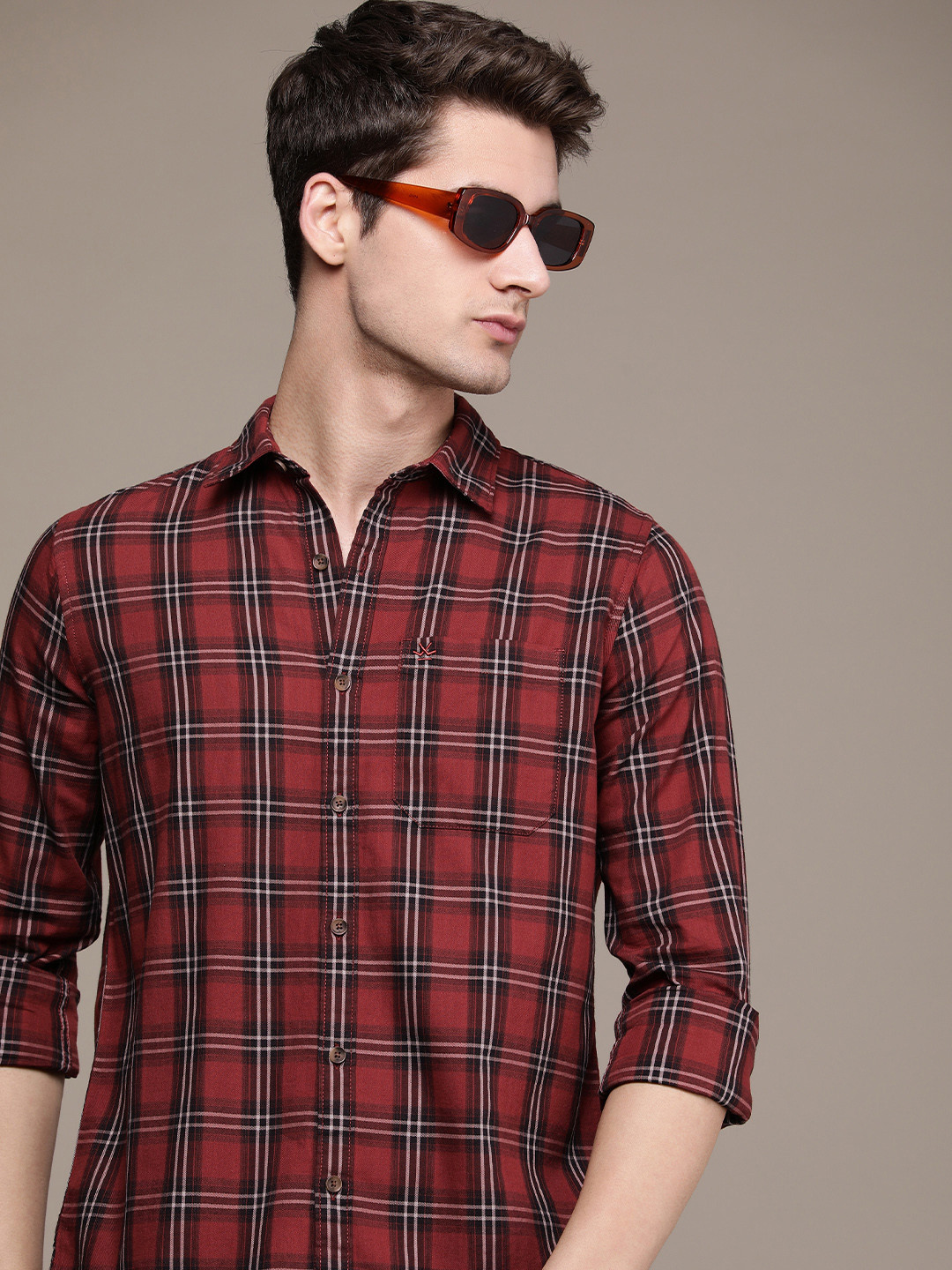

WROGN Men Pure Cotton Tartan Checks Casual Shirt, Red