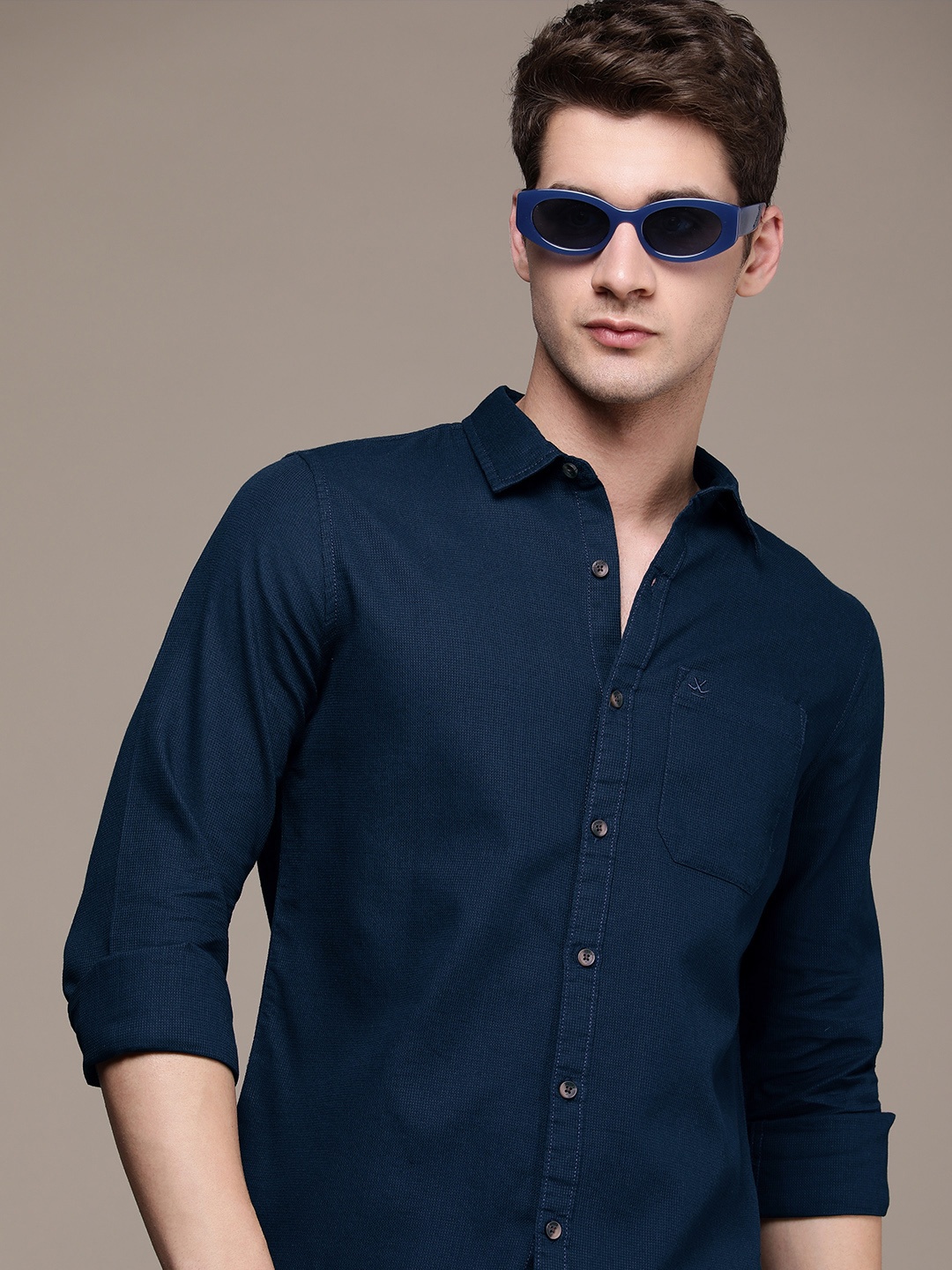 

WROGN Pure Cotton Self Design Slim Fit Textured Casual Shirt, Navy blue