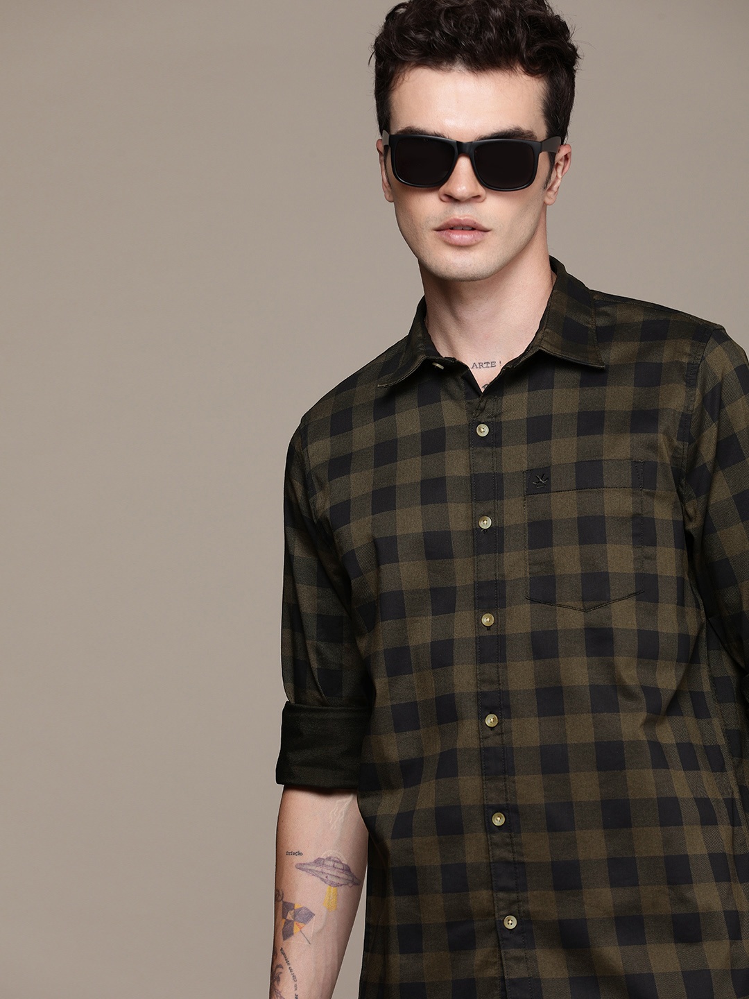 

WROGN Slim Fit Checked Casual Shirt, Olive