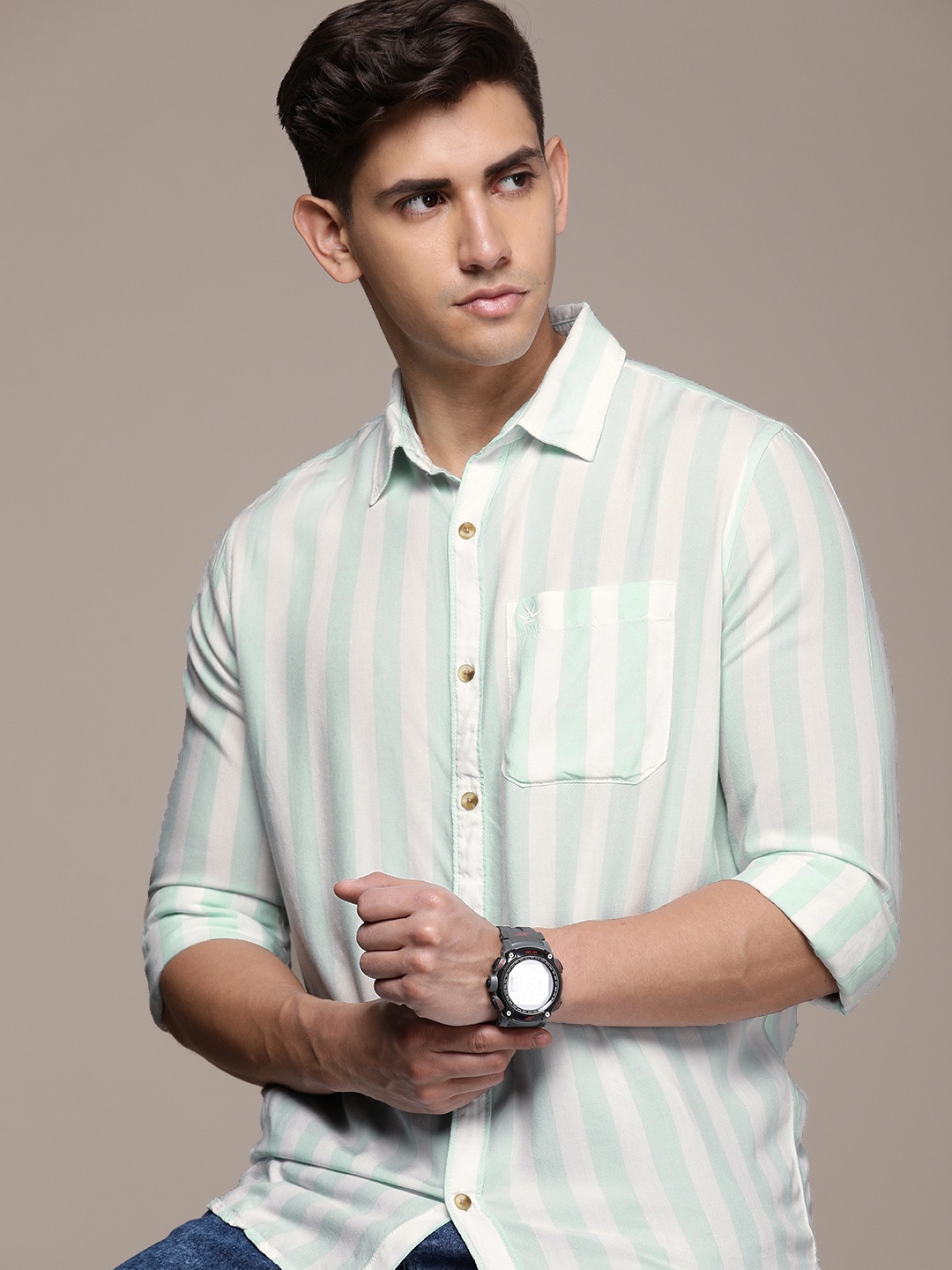 

WROGN Pure Cotton Slim Fit Opaque Striped Casual Shirt, White