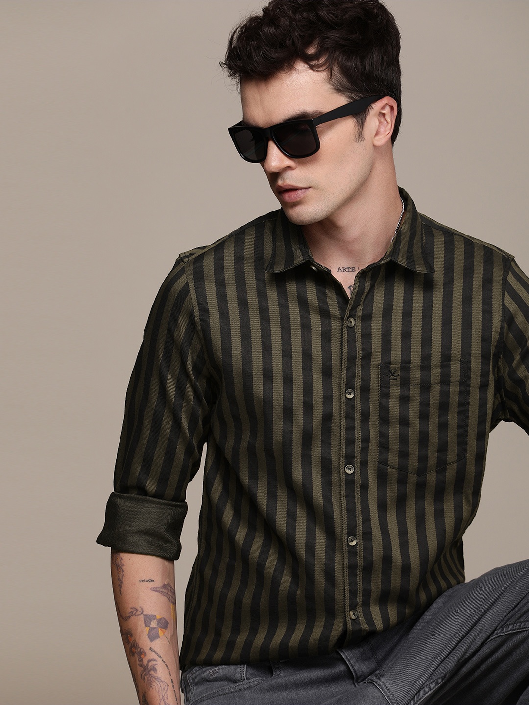 

WROGN Slim Fit Striped Casual Shirt, Olive