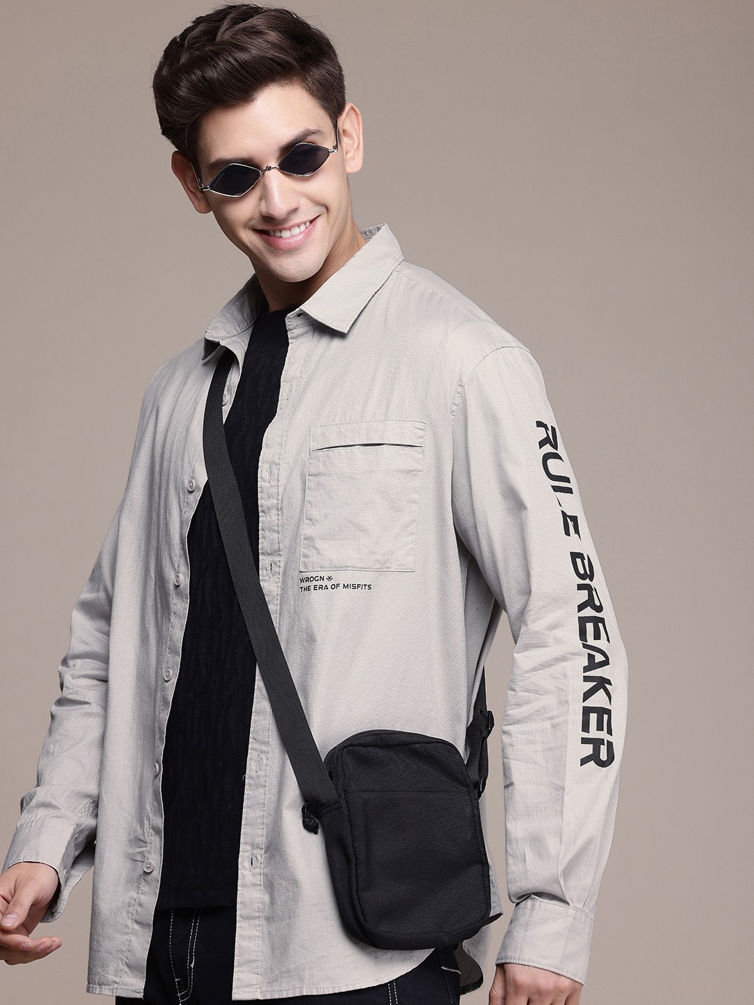 

WROGN Pure Cotton Typography Printed Casual Shirt, Grey