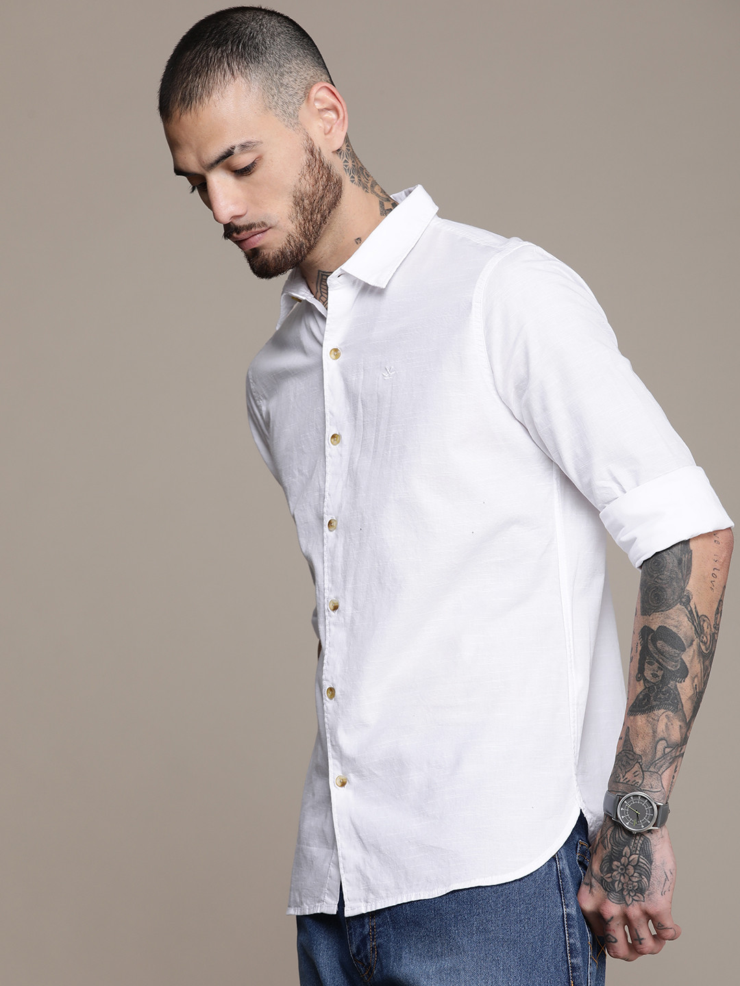 

WROGN Men Pure Cotton Slim Fit Casual Shirt, White