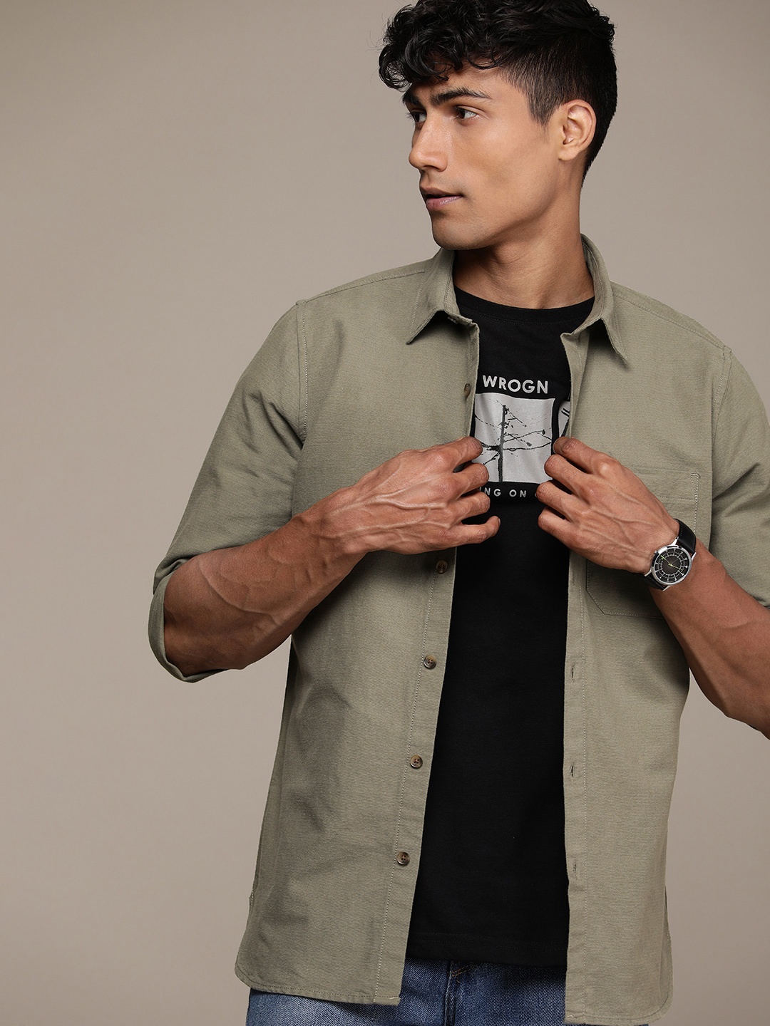 

WROGN Solid Slim Fit Pure Cotton Casual Shirt, Olive