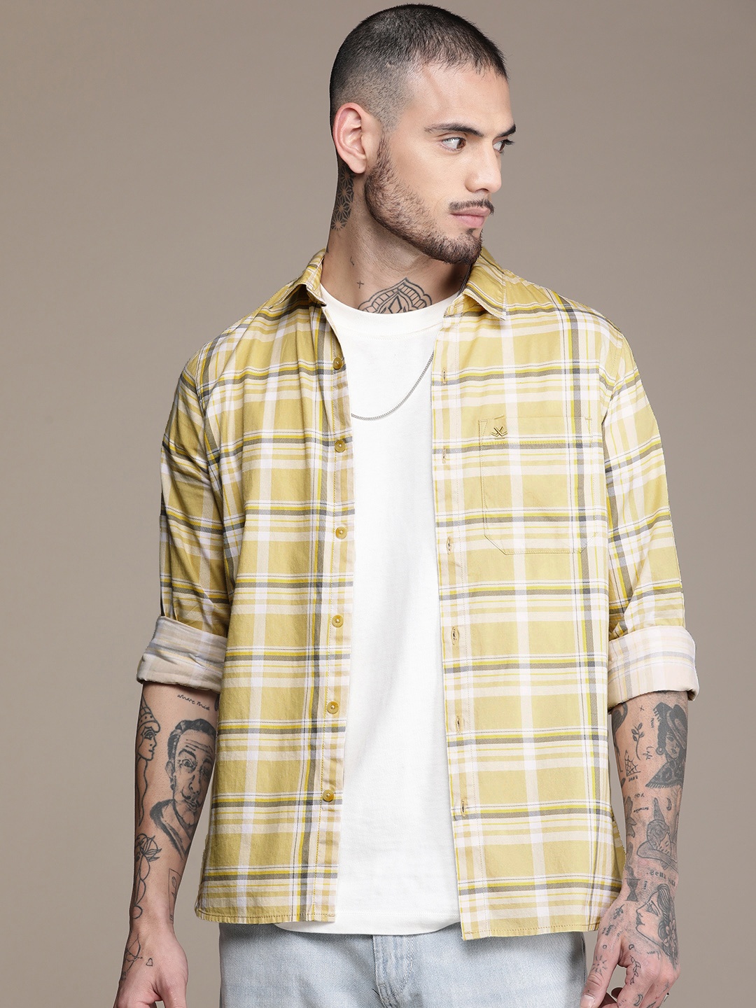 

WROGN Slim Fit Checked Pure Cotton Casual Shirt, Yellow