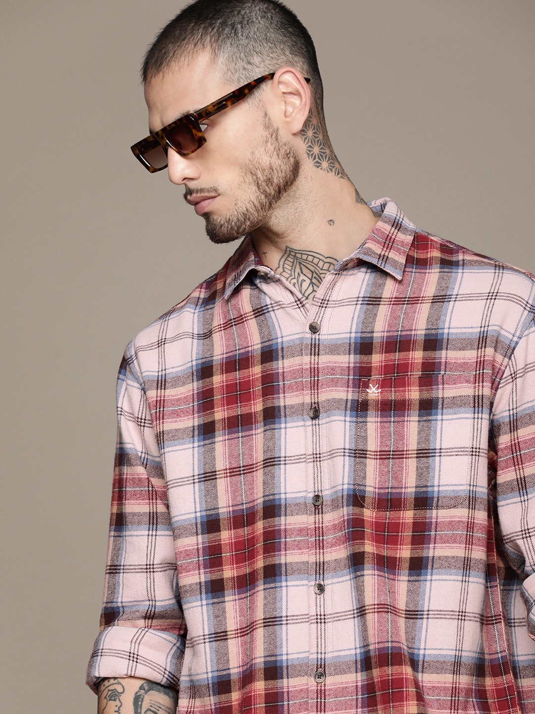 

WROGN Relaxed Fit Checked Pure Cotton Casual Shirt, Red