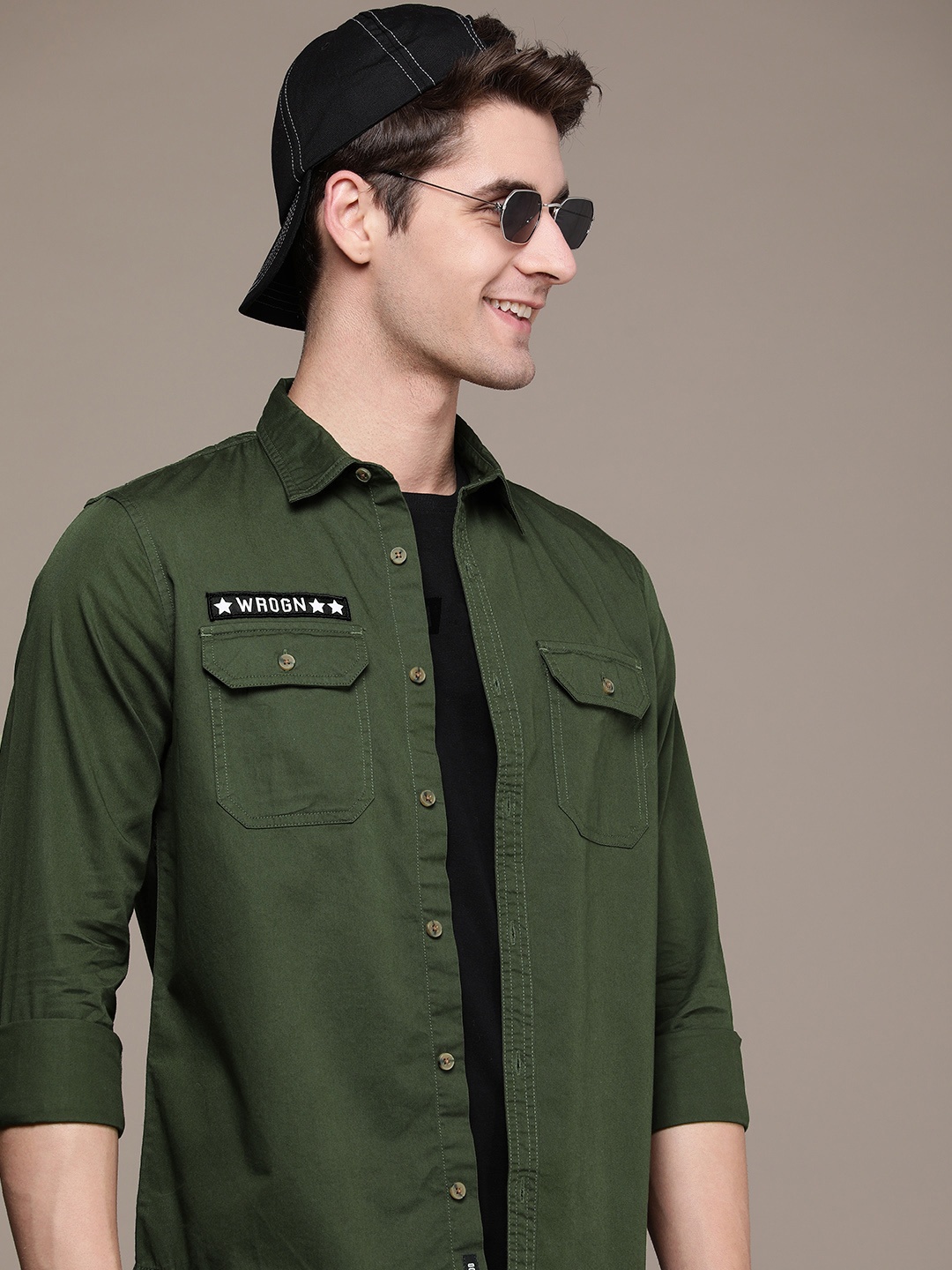 

WROGN Pure Cotton Slim Fit Casual Shirt, Olive