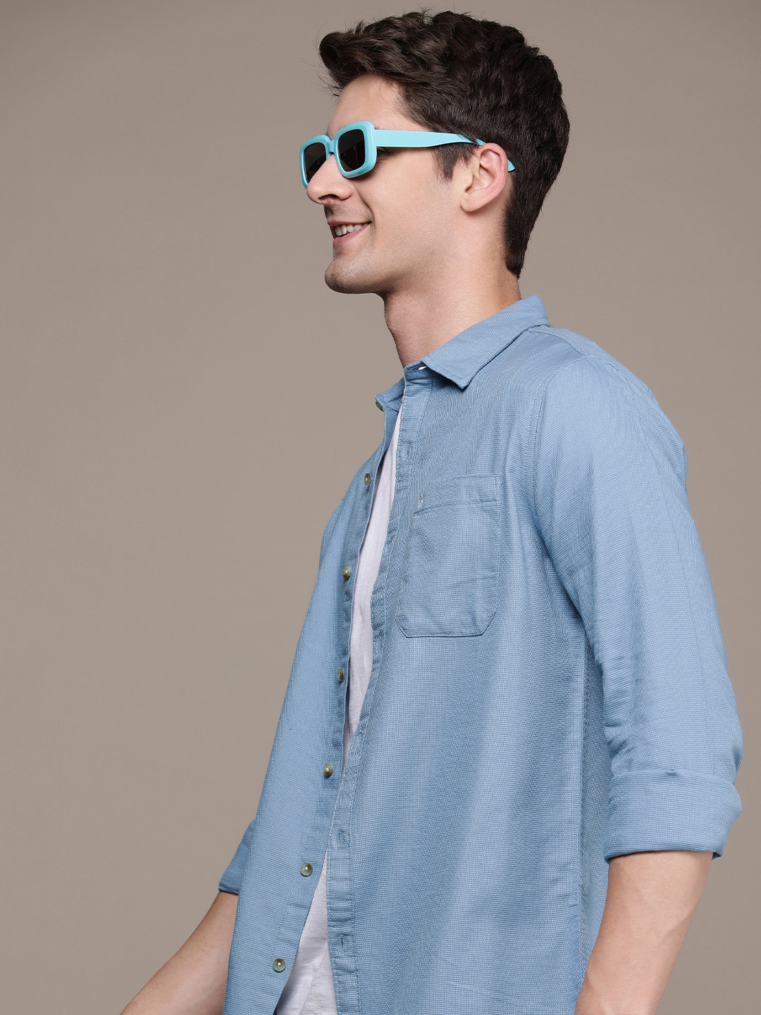 

WROGN Pure Cotton Self Design Slim Fit Textured Casual Shirt, Blue