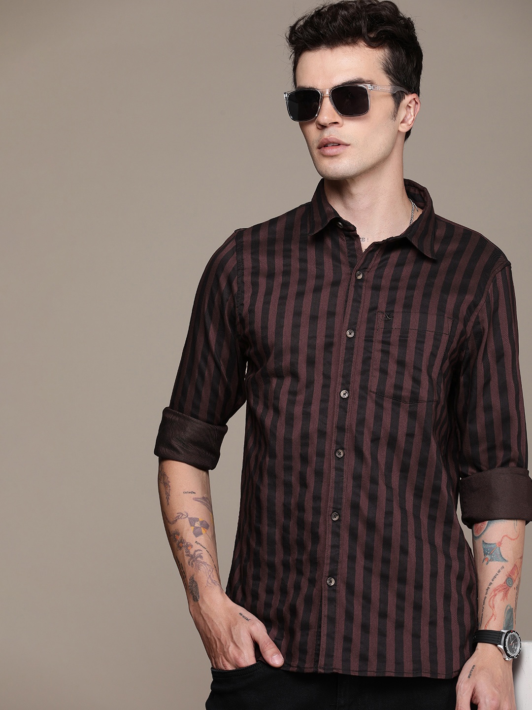 

WROGN Slim Fit Striped Casual Shirt, Maroon