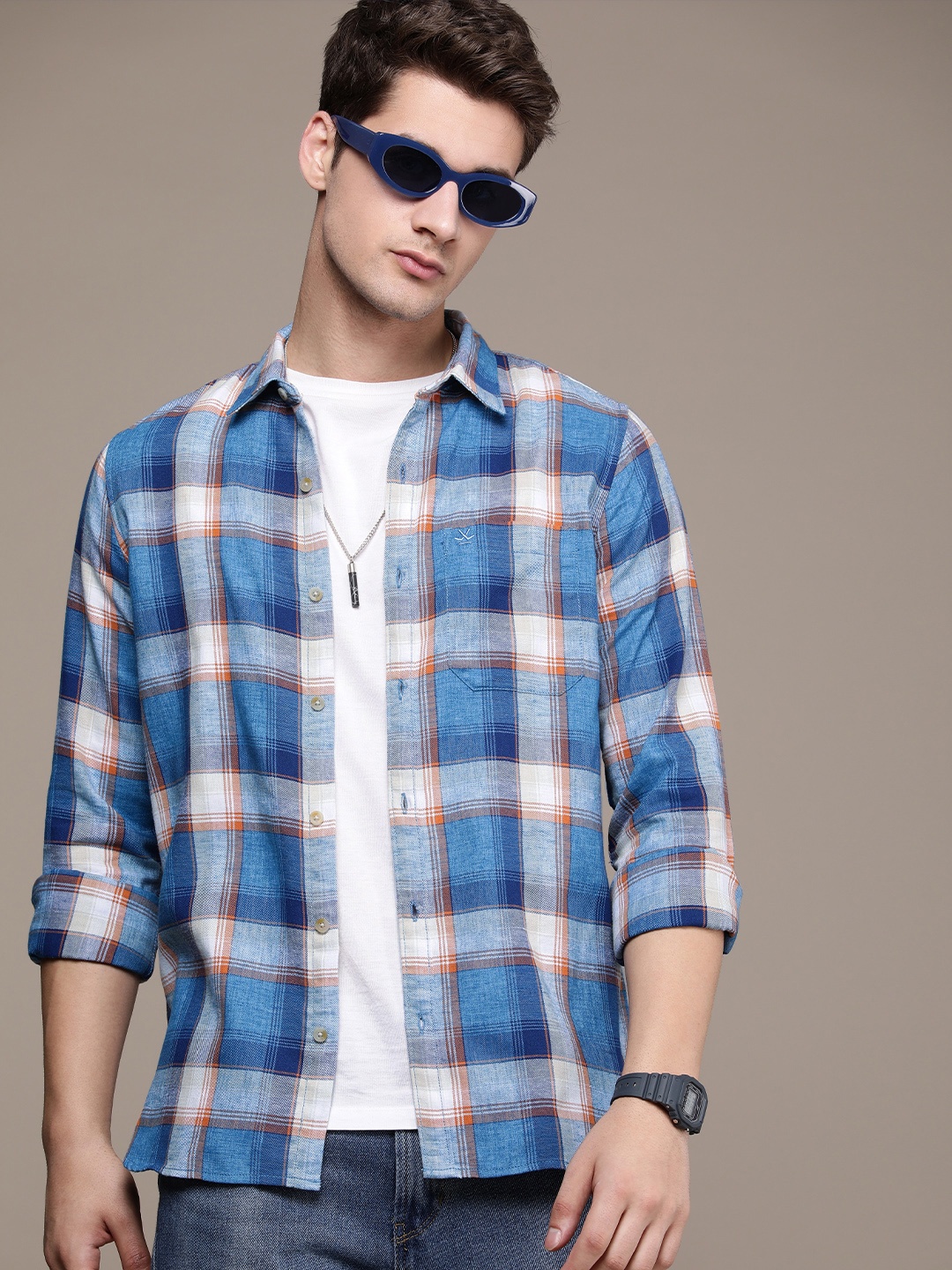 

WROGN Men Pure Cotton Tartan Checks Casual Shirt, Blue