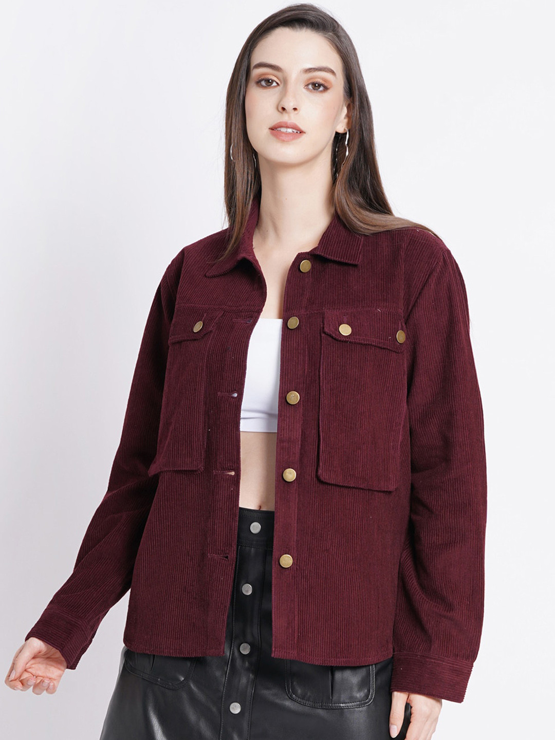 

SUMAVI-FASHION Spread Collar Corduroy Denim Jacket, Maroon