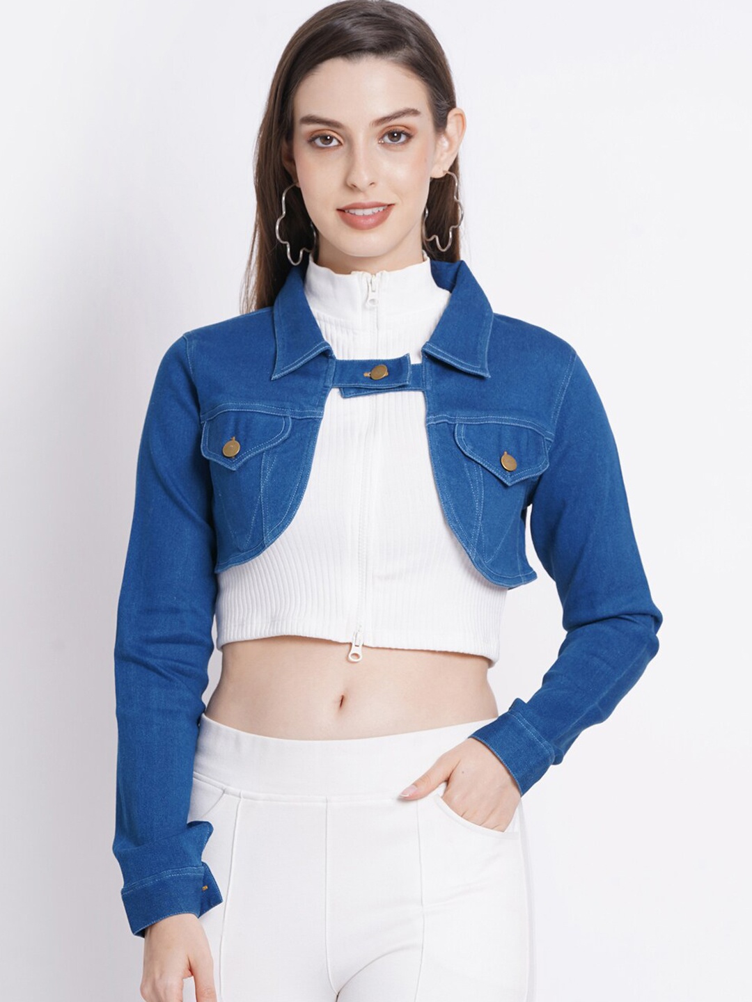 

SUMAVI-FASHION Spread Collar Crop Denim Jacket, Blue
