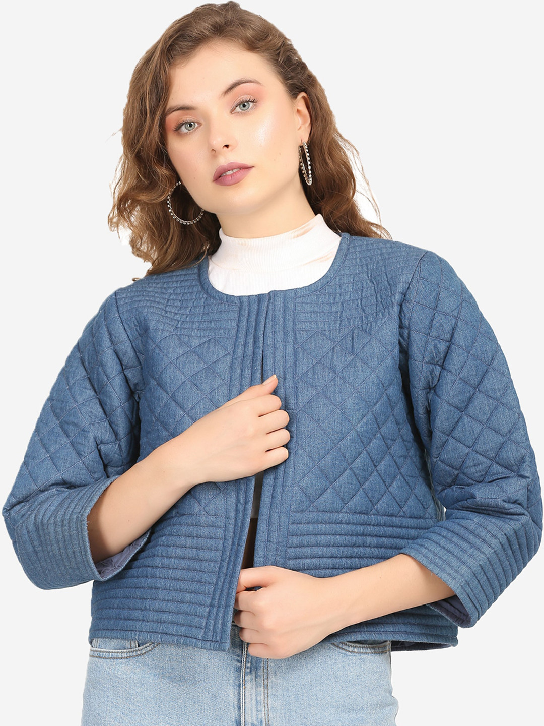 

SUMAVI-FASHION Collarless Crop Denim Quilted Jacket, Blue