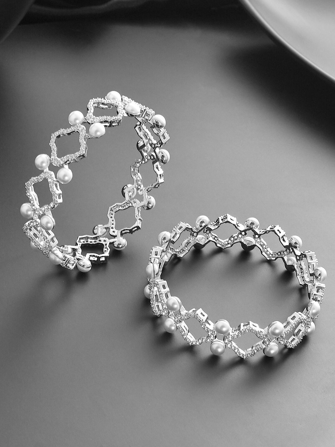 

Voylla Set of 2 Rhodium-Plated Cubic Zirconia Studded Bangle-Style Bracelets, Silver