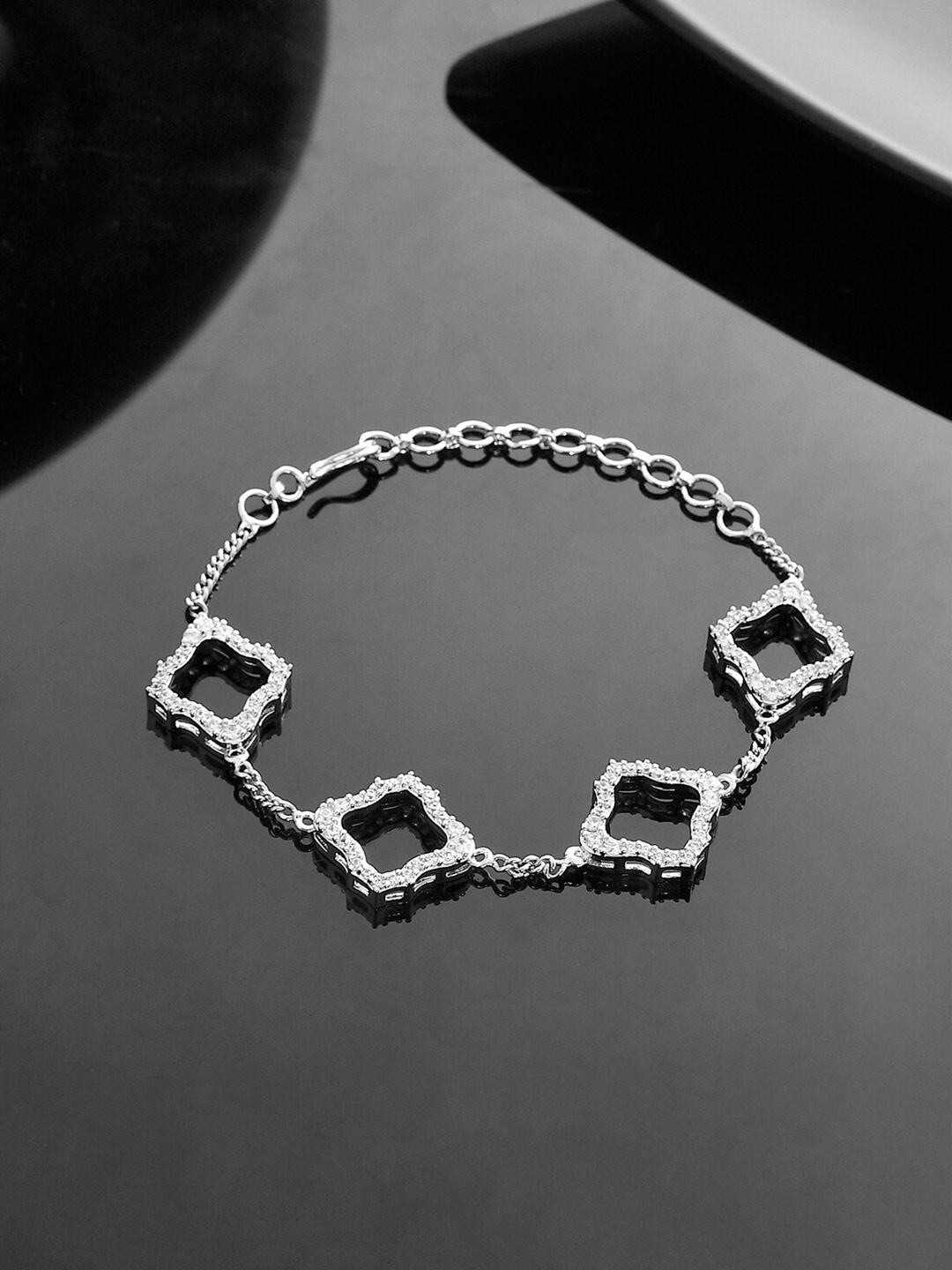 

Voylla Rhodium-Plated Cubic Zirconia Studded Link Bracelet, Silver