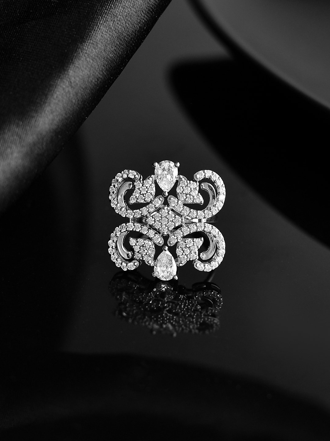 

Voylla Rhodium-plated CZ-studded Adjustable Finger Ring, Silver