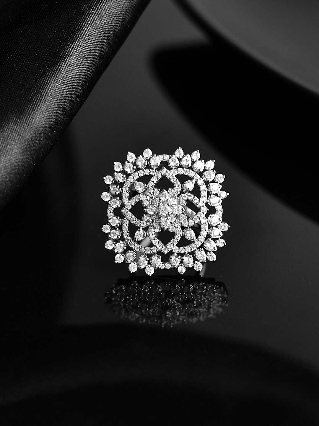 

Voylla Rhodium-Plated CZ-studded Adjustable Finger Ring, Silver