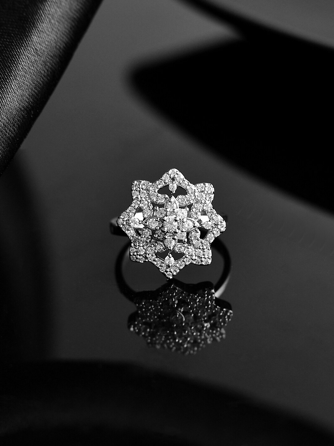 

Voylla Rhodium Plated CZ Studded Adjustable Ring, Silver