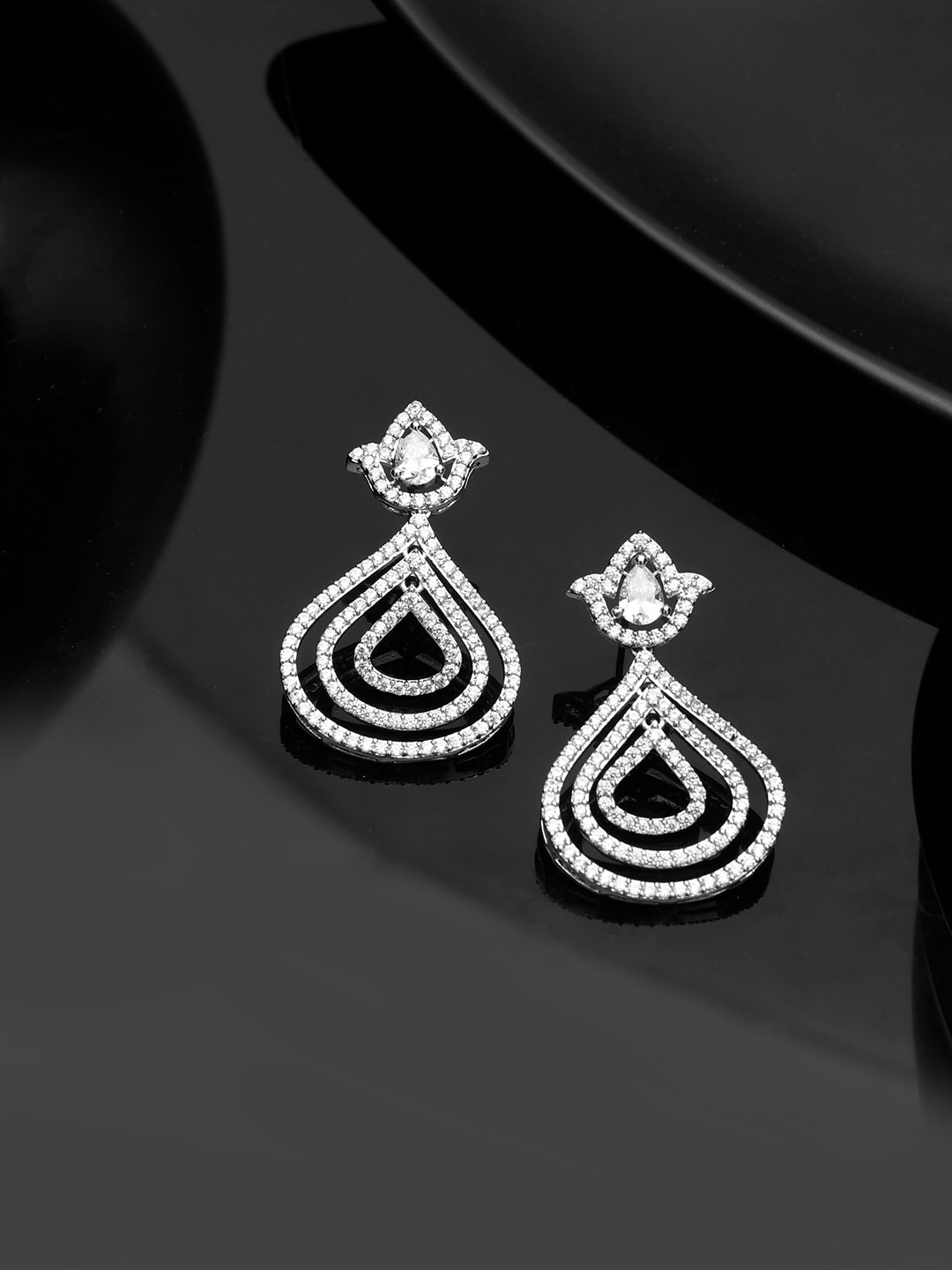 

Voylla Rhodium Plated Cubic Zirconia Drop Earrings, Silver