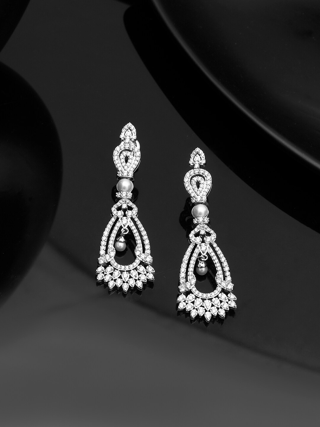 

Voylla Rhodium Plated Cubic Zirconia Drop Earrings, Silver