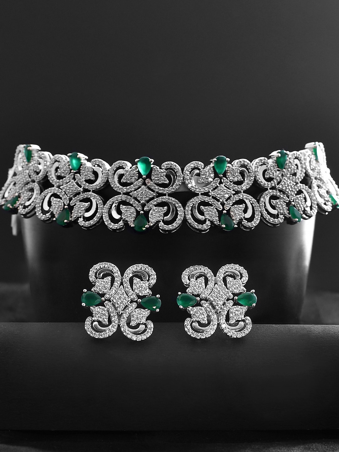 

Voylla Rhodium Plated CZ Studded Jewellery Set, Silver
