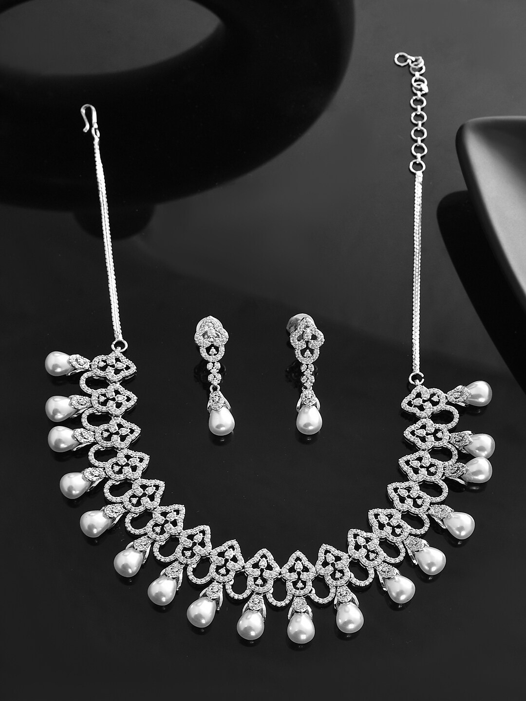 

Voylla Rhodium-Plated CZ Studded Jewellery Set, Silver