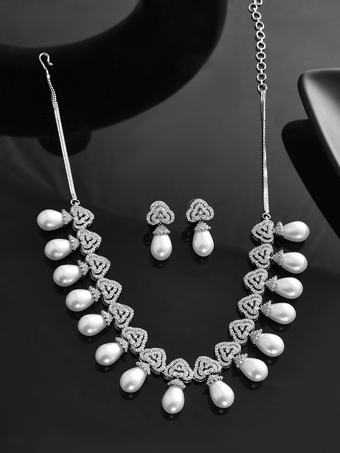 

Voylla Rhodium-Plated CZ Studded Necklace Set, Silver