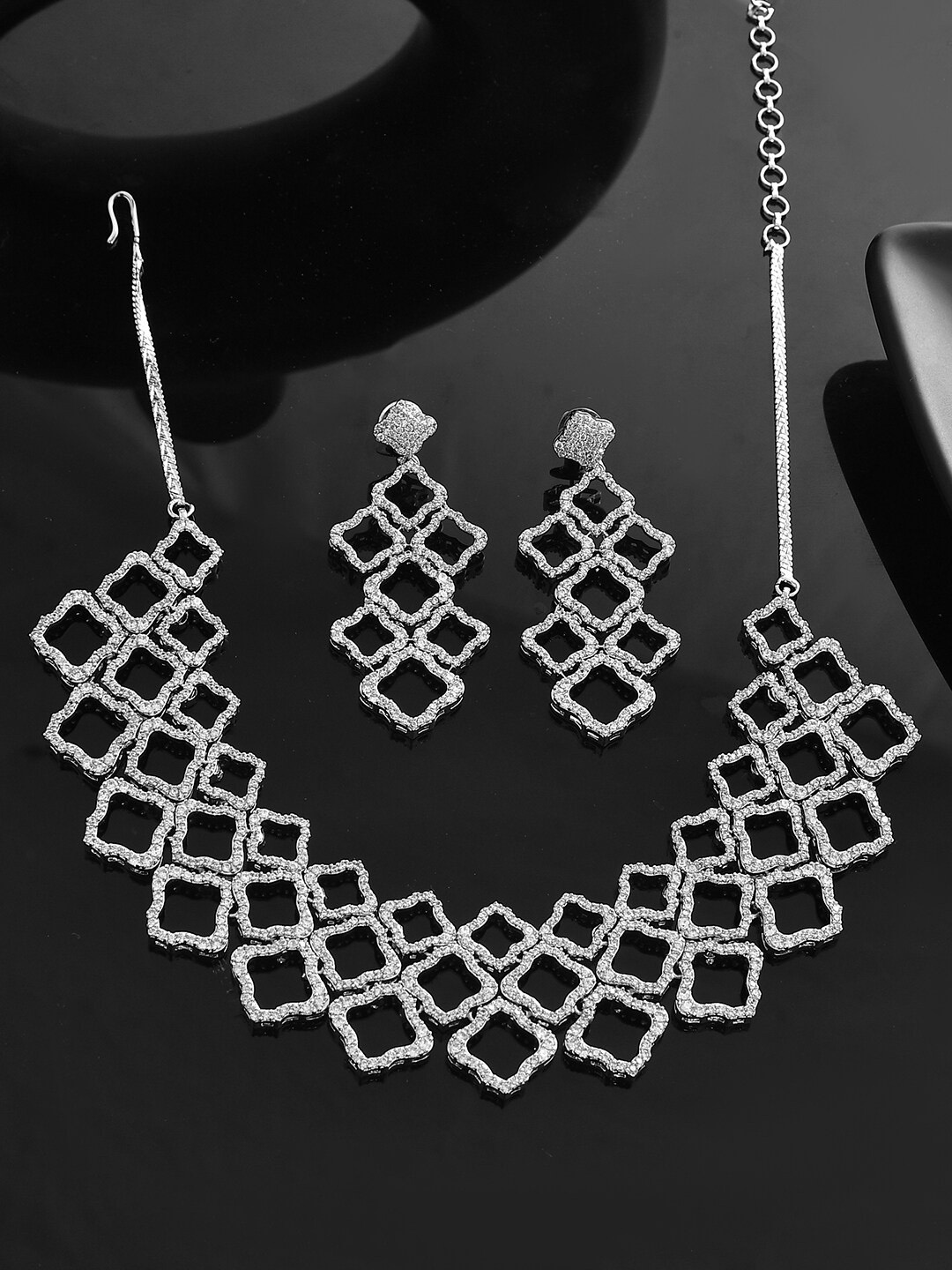 

Voylla Rhodium-Plated CZ Studded Necklace Set, Silver