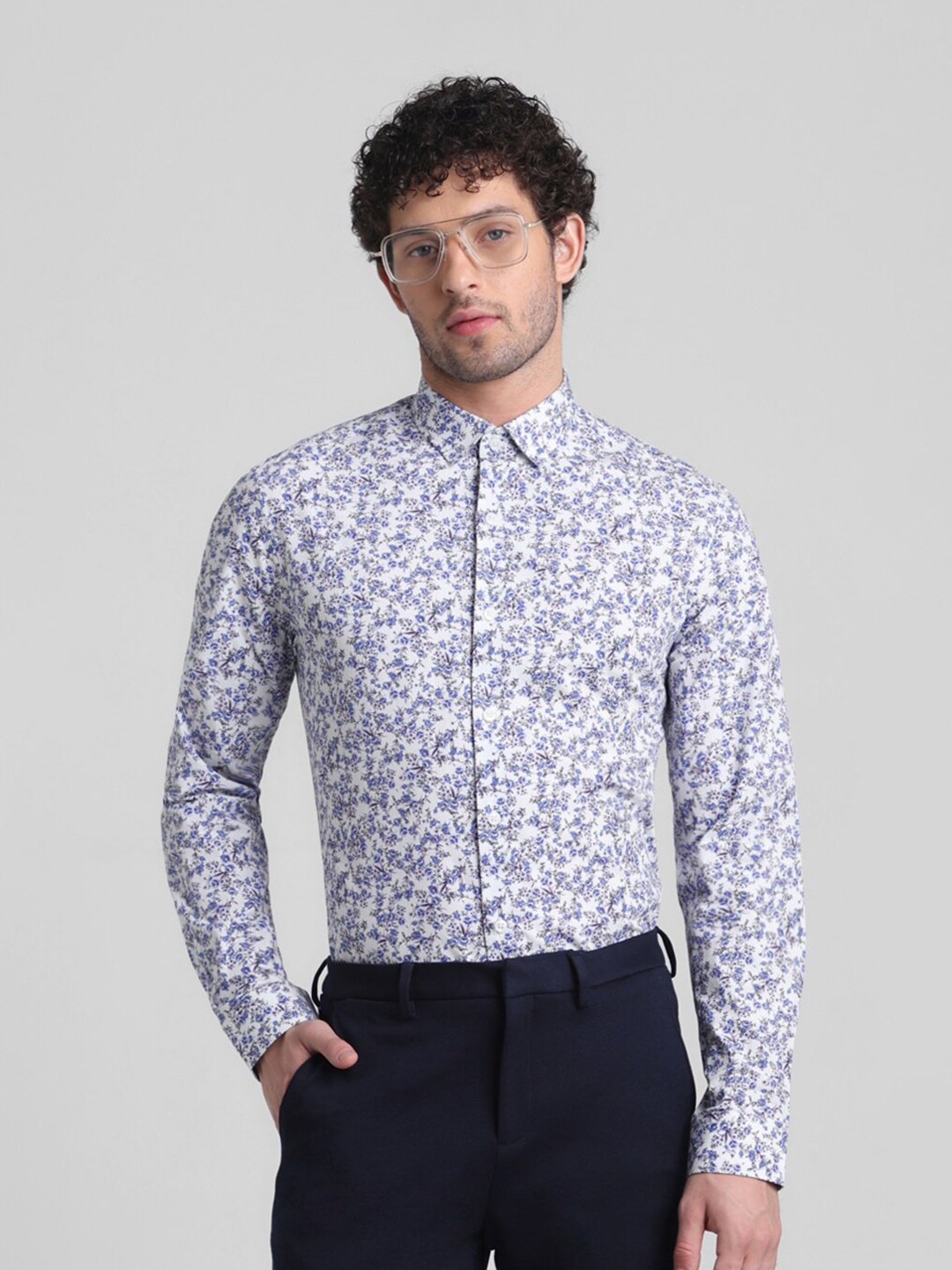 

Jack & Jones Floral Printed Slim Fit Pure Cotton Formal Shirt, Blue