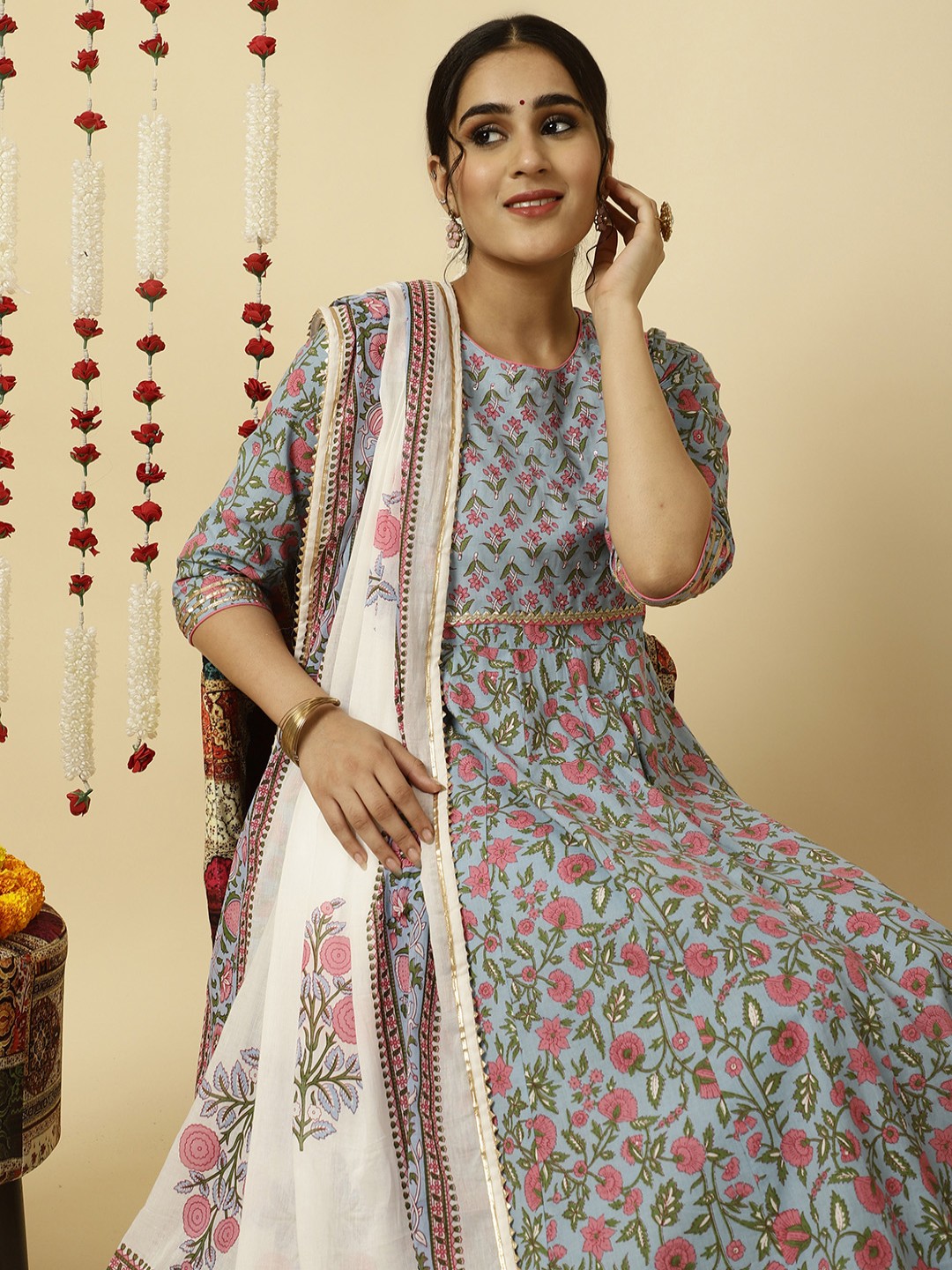

Jaipur Kurti Ethnic Print Anarkali Kurta With Pants And Dupatta, Blue
