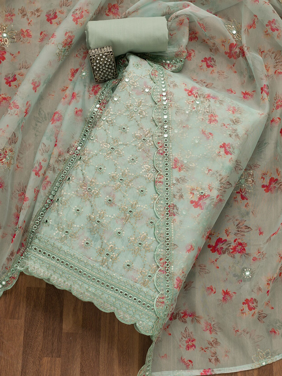 

Koskii Floral Embroidered Mirror Work Tissue Unstitched Dress Material, Sea green