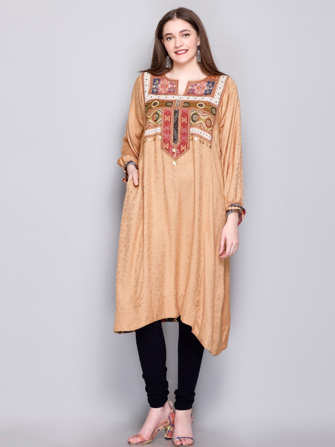 

EVAZ Ethnic Motif Woven Design High-Low Woolen A-Line Kurta, Beige
